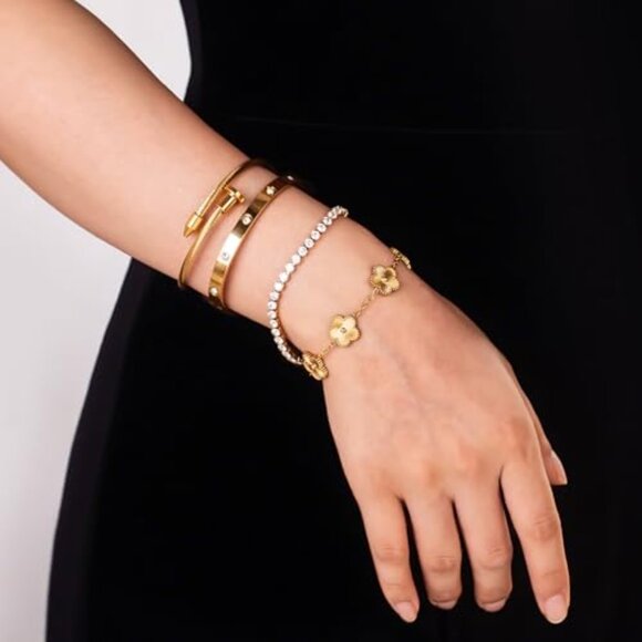 18K Gold Plated Stackable Tennis Bracelet Set Elegant Minimal Chic Adjustable - Picture 7 of 8